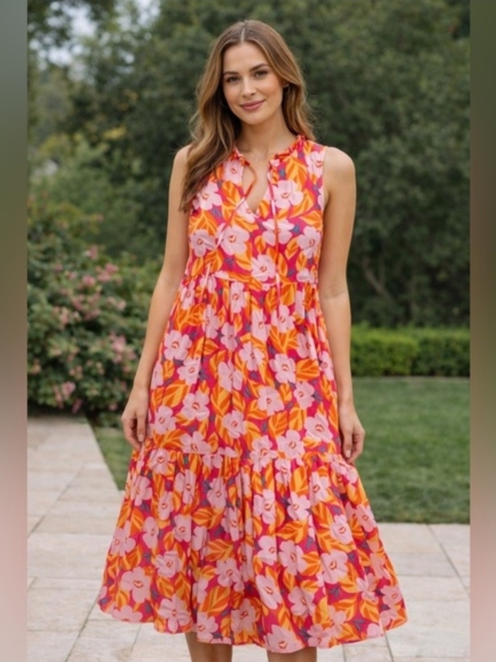 V-Neck Floral Tiered Midi Dress in Pink & Orange No Tags Size Small